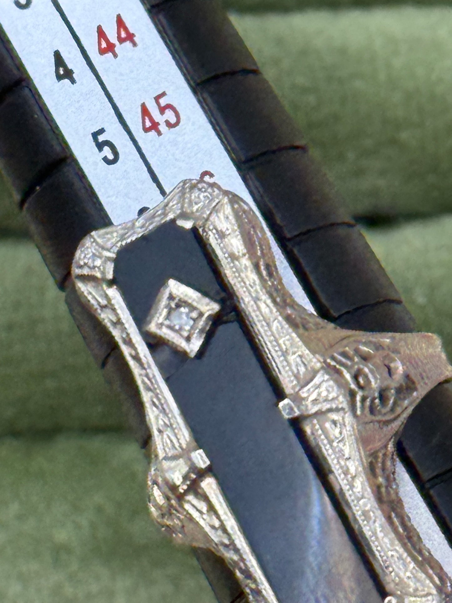 14k White Gold Art Deco Onyx & Diamond Filigree Navette Ring Size 5
