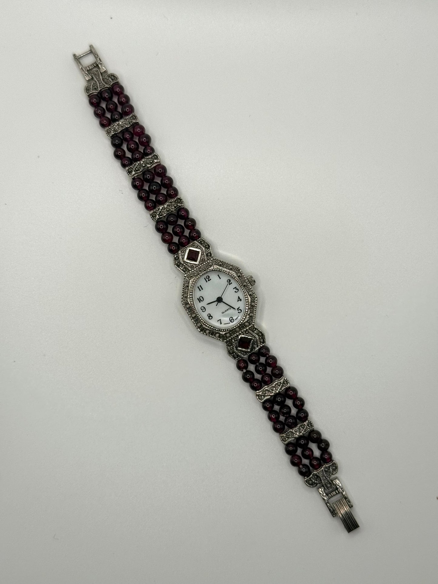 working silver tone garnet beaded watch