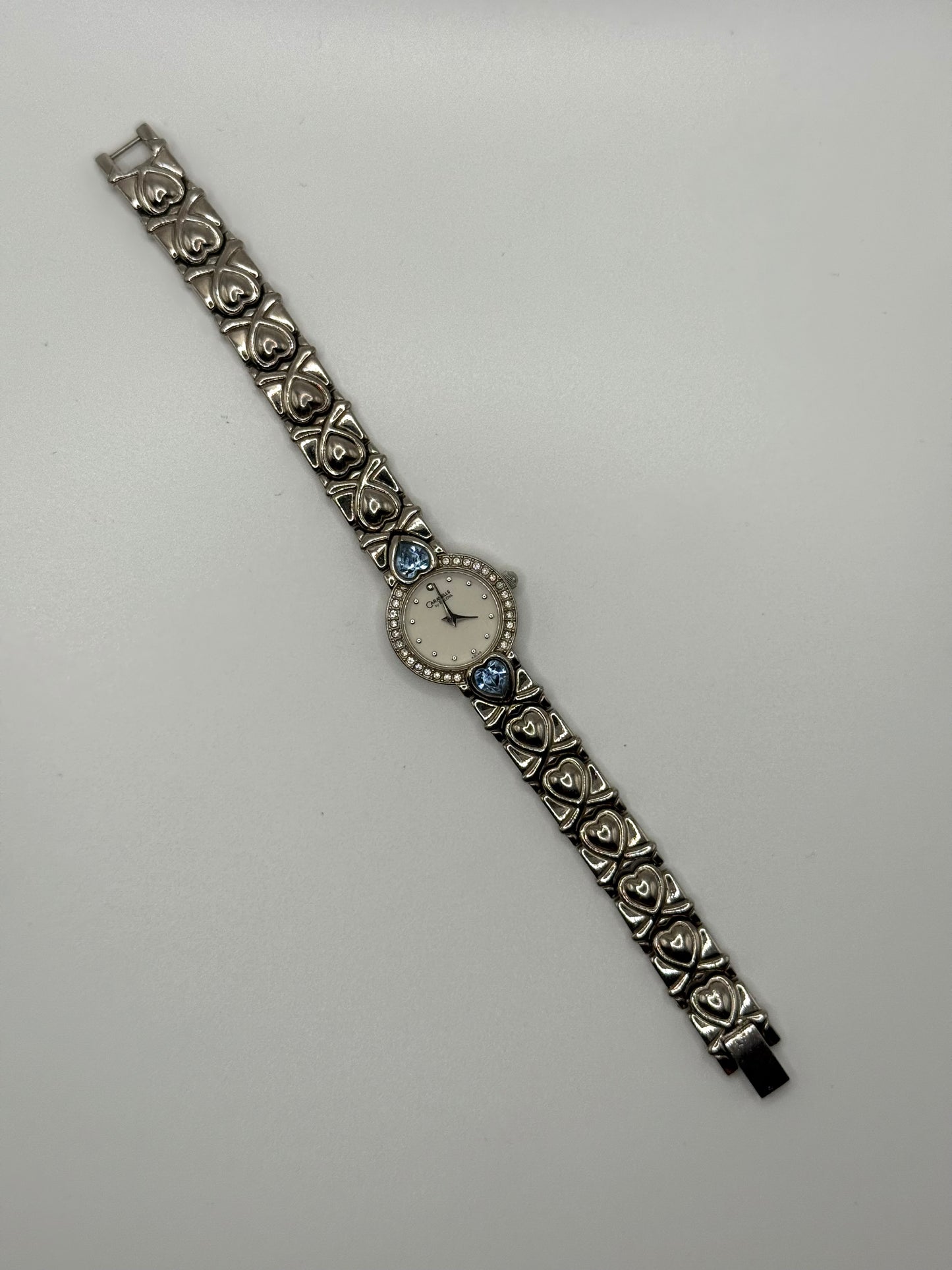 working silver tone blue heart gemstone watch