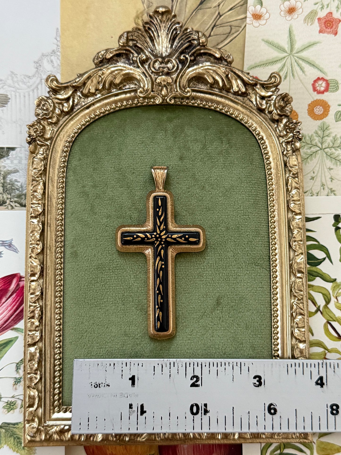 Vintage Gold Tone Enameled Cross Pendant