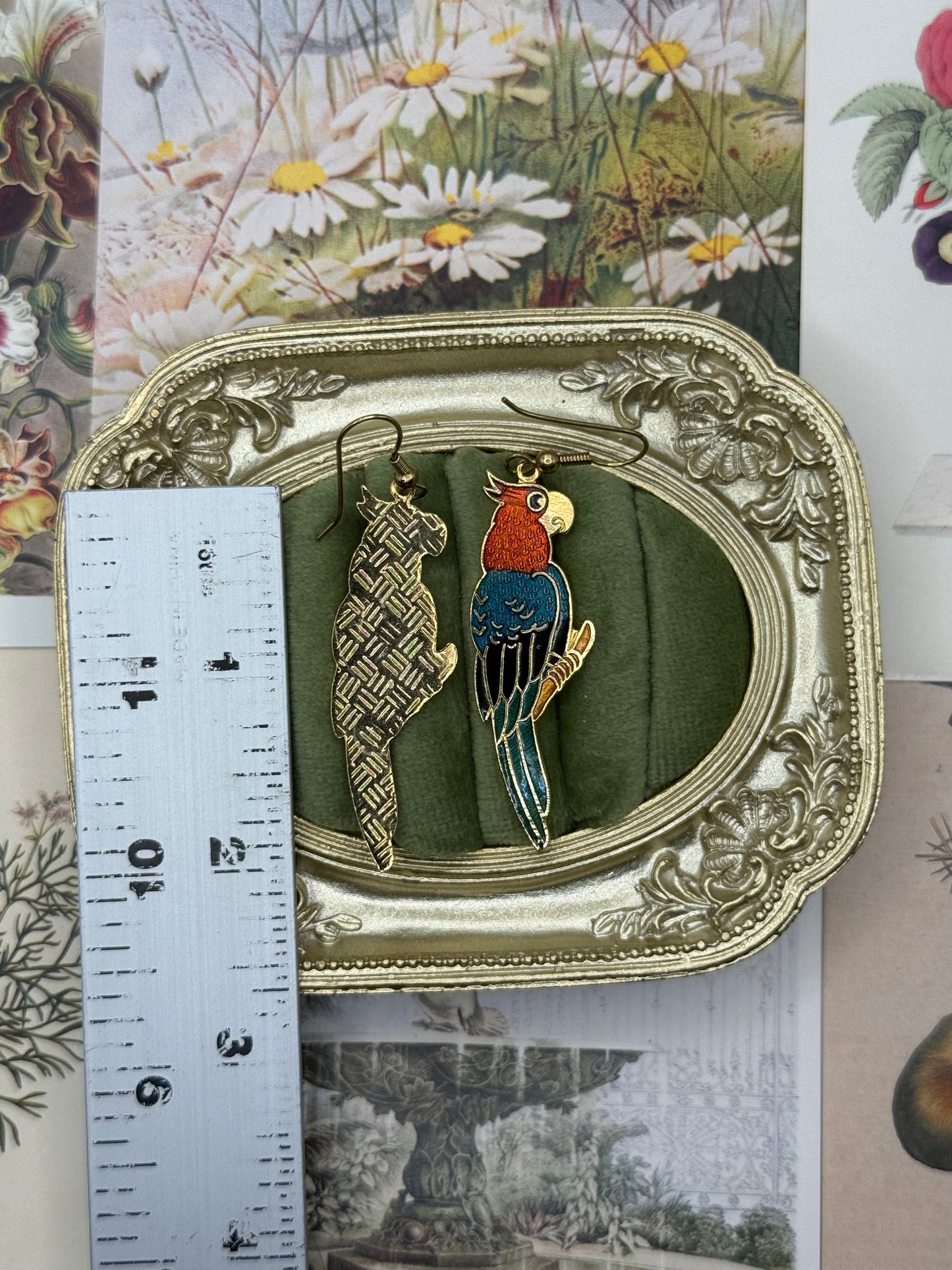 Vintage Gold Tone Cloisonne Parrot Earrings