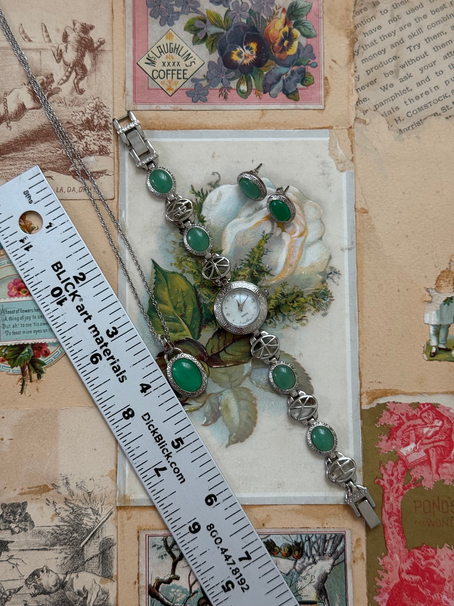 working new old stock silver tone jade watch earring and necklace set