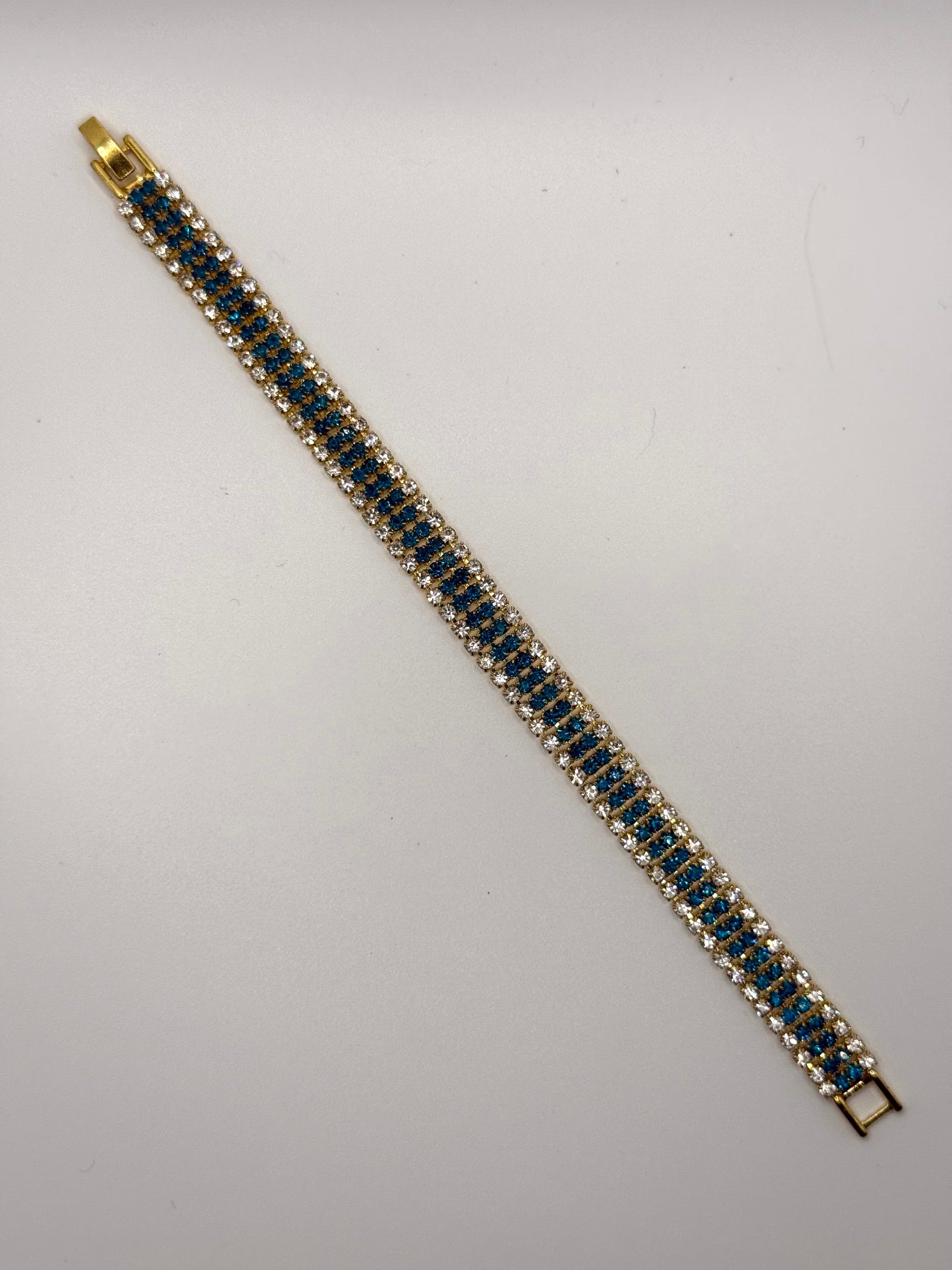 gold tone blue stone rhinestone tennis bracelet
