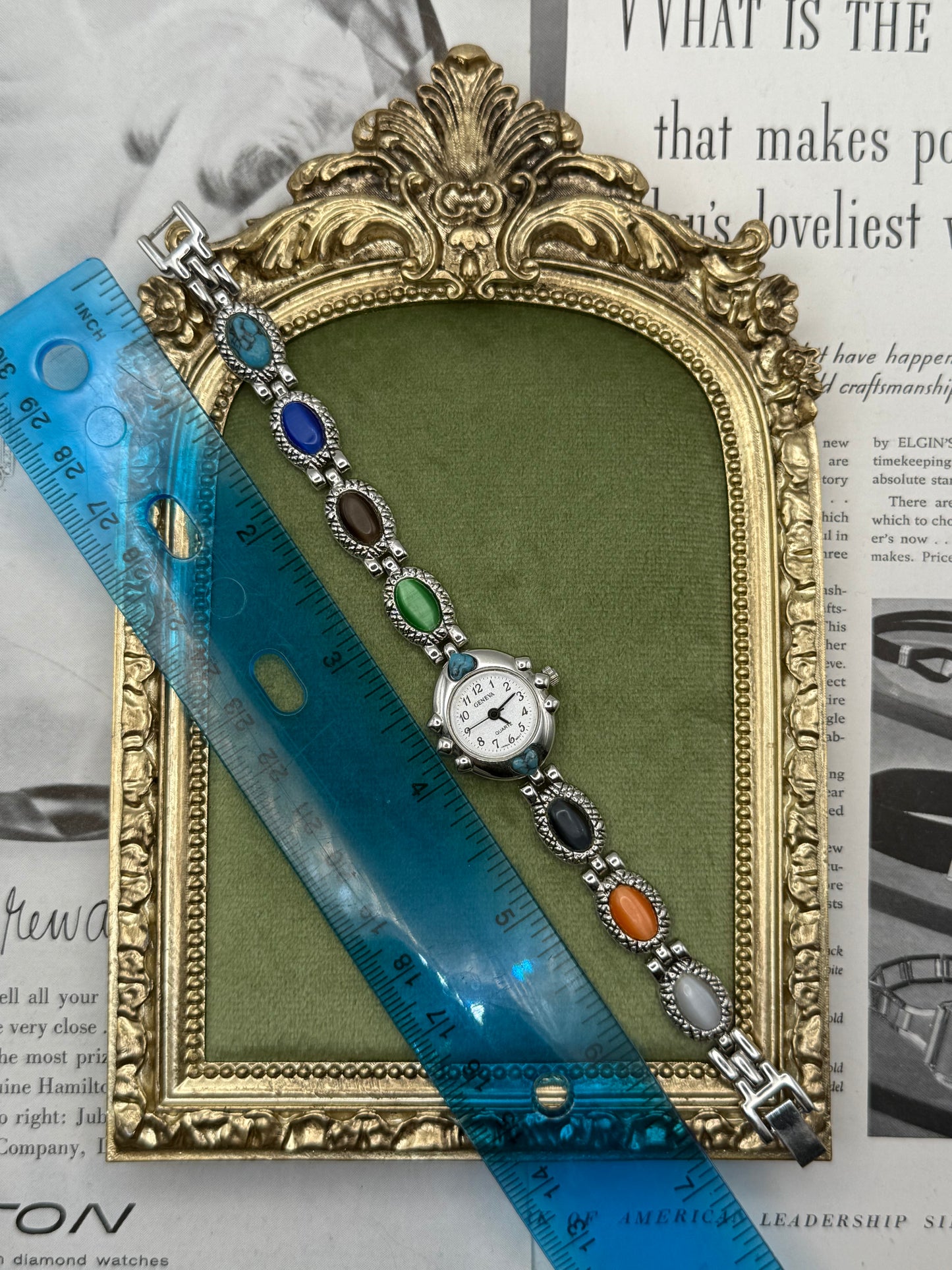 Working Vintage Silver Tone Gemstone Watch