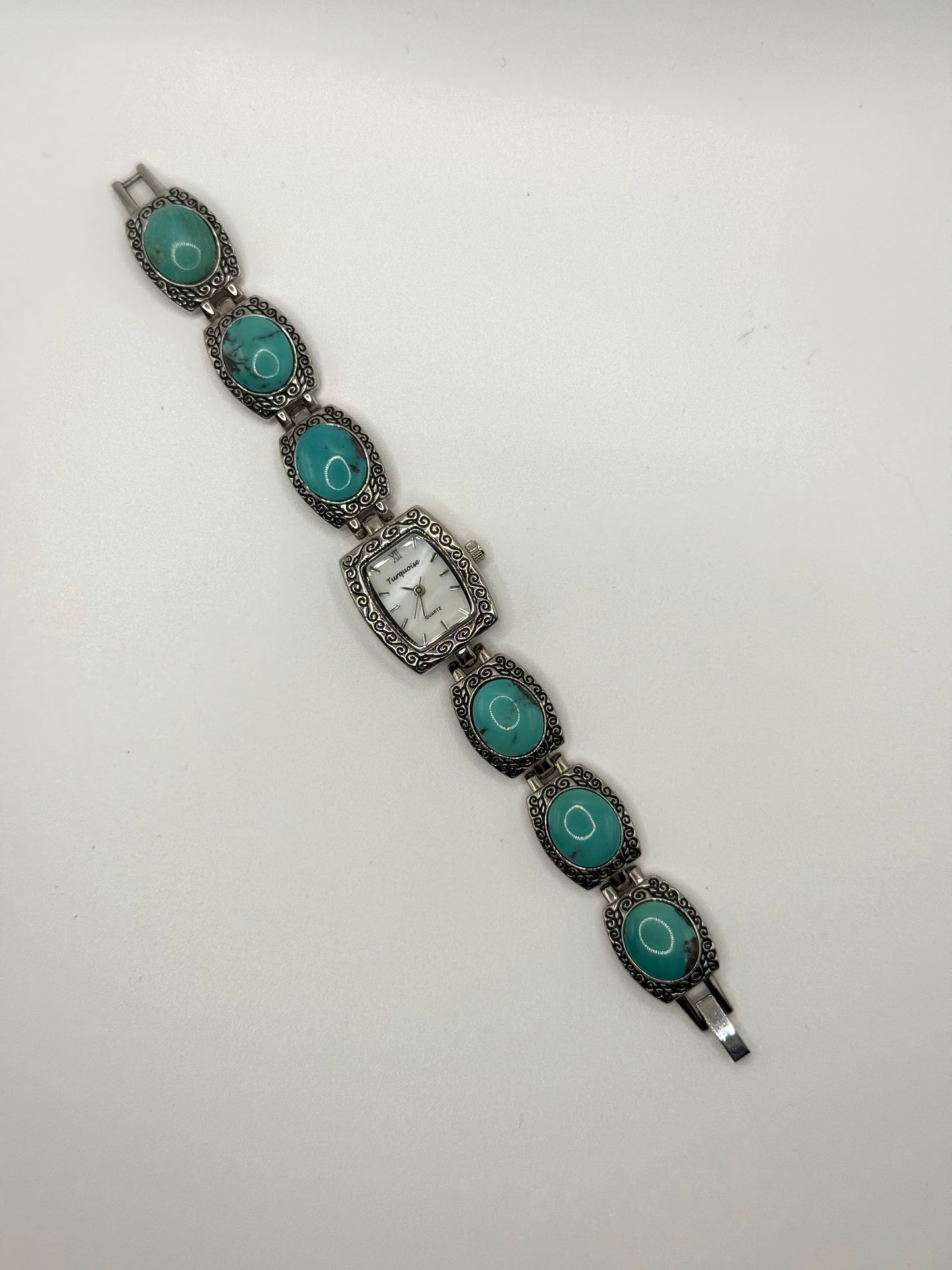 working silver tone turquoise gemstone watch