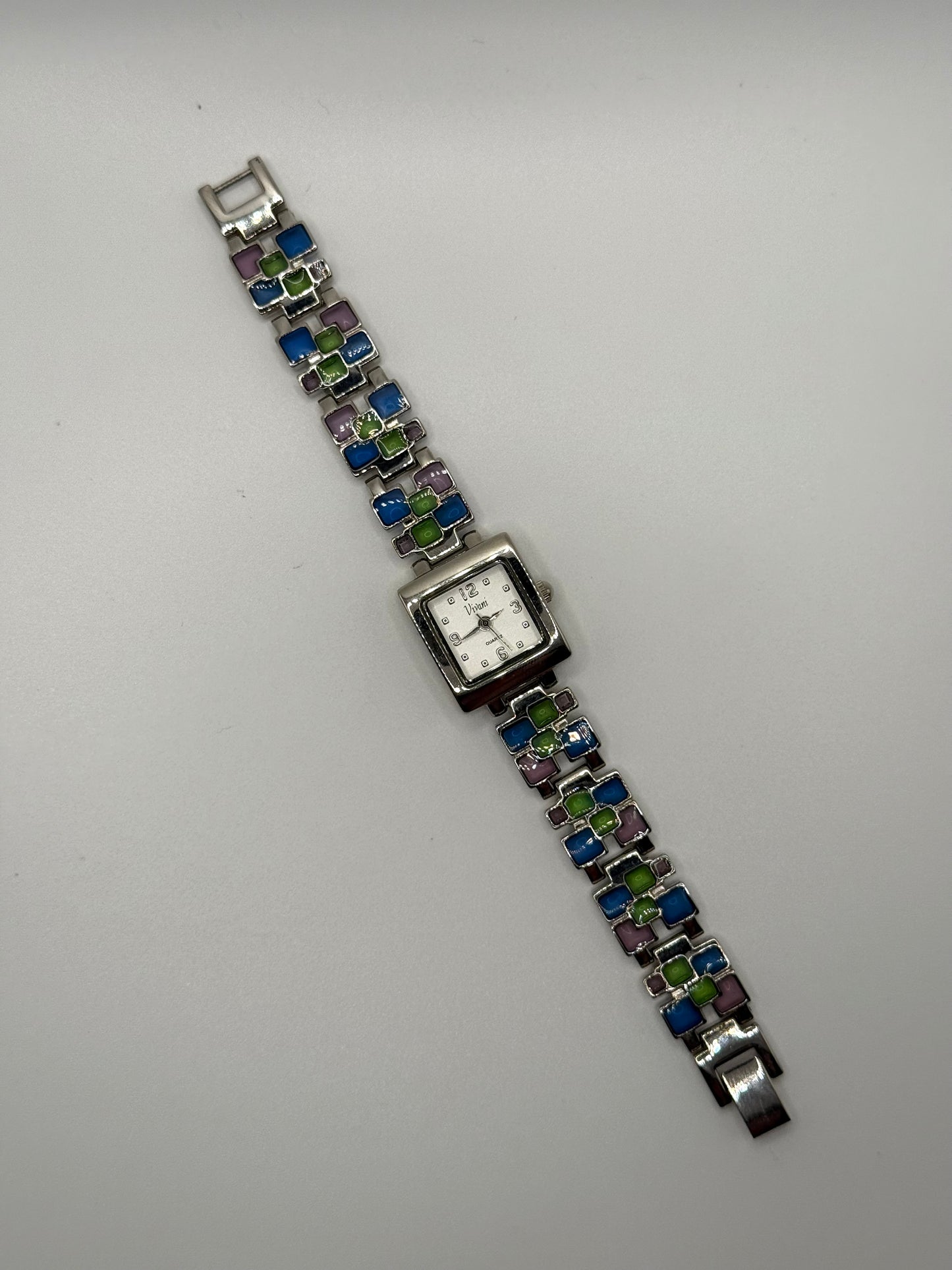 working silver tone stained glass style watch