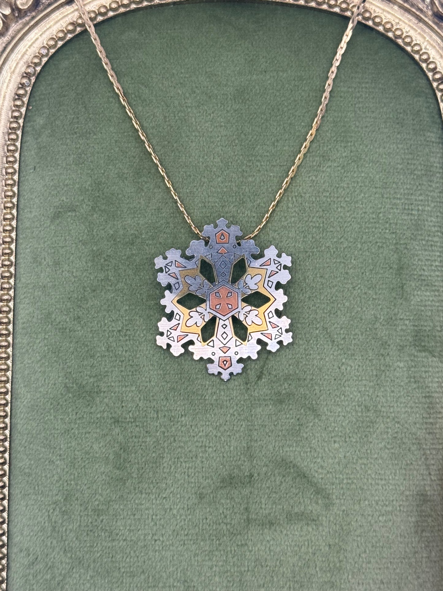 Vintage Two Tone Damascene Snowflake Necklace