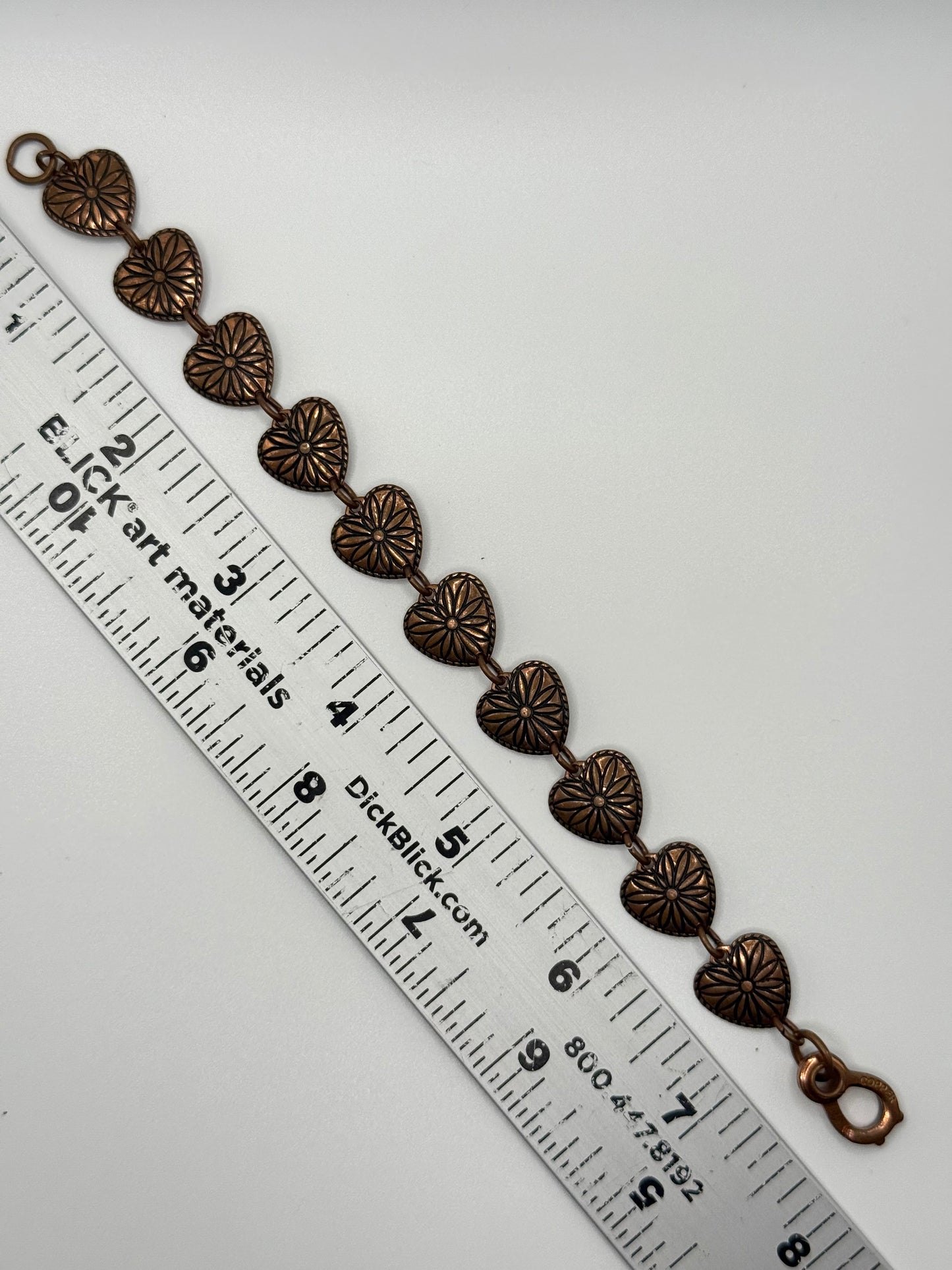 copper tone etched heart bracelet