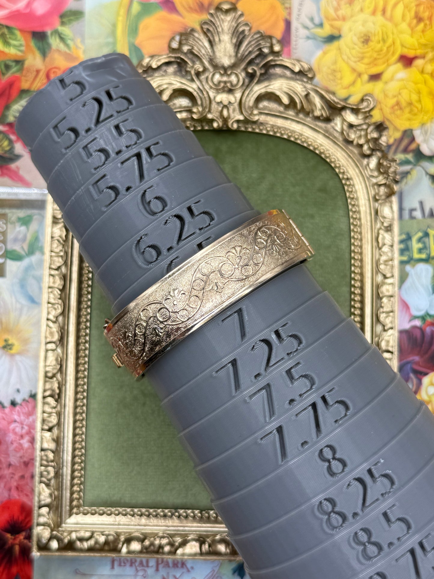 Vintage Gold Tone Floral Embossed Hinge Cuff Bracelet 6.5”
