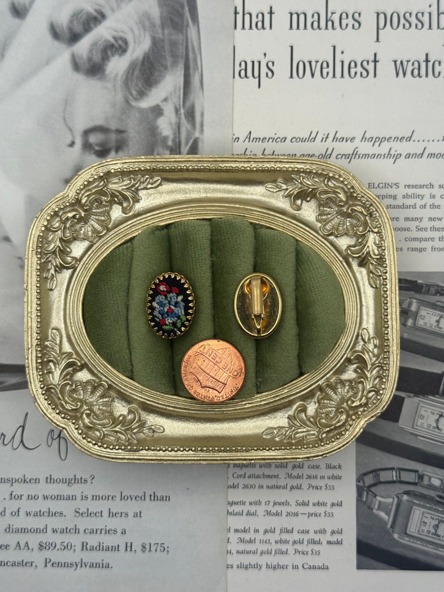 Vintage Gold Tone Needlepoint Clip on Earrings