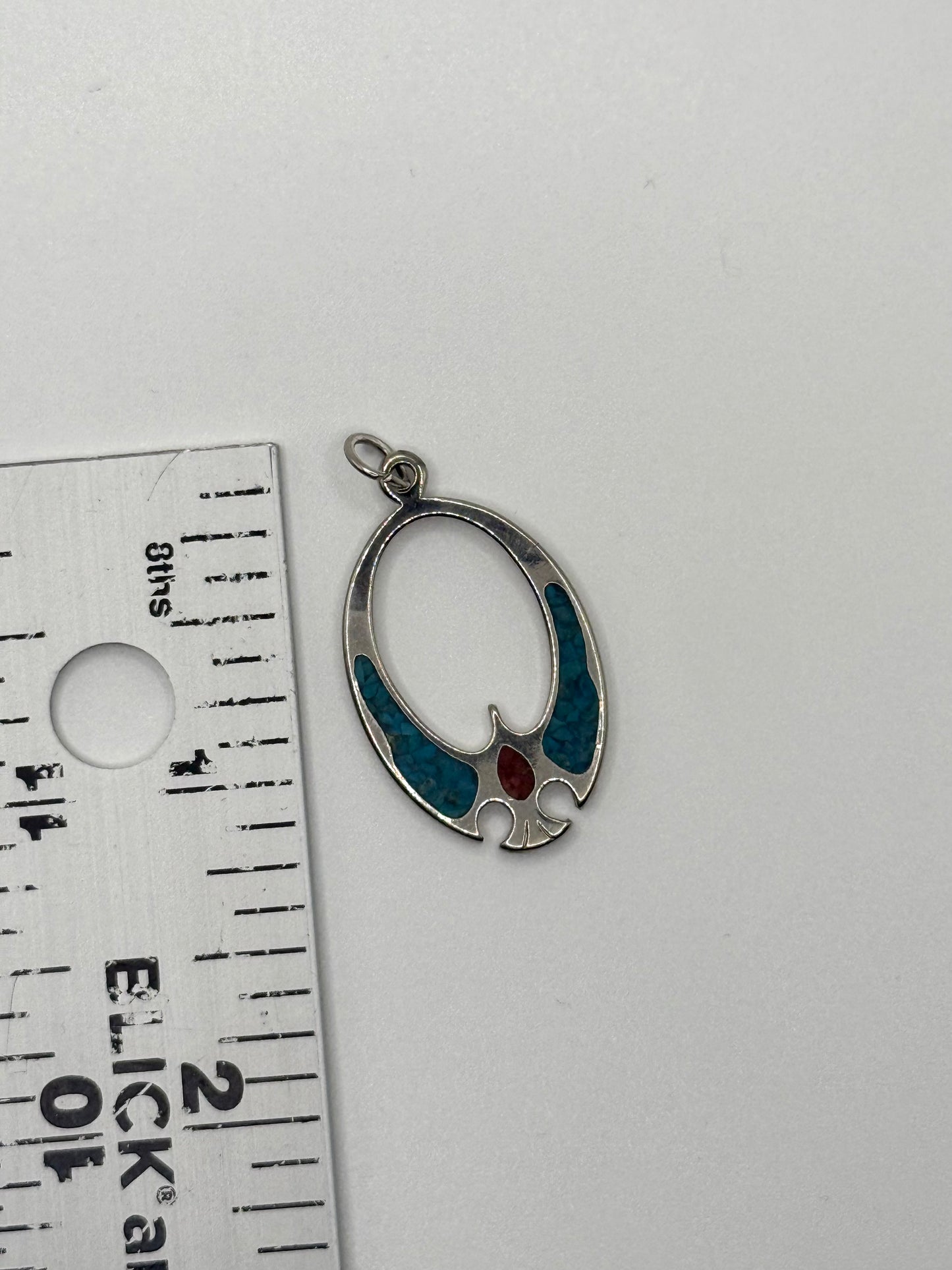 silver tone crushed turquoise and coral pendant