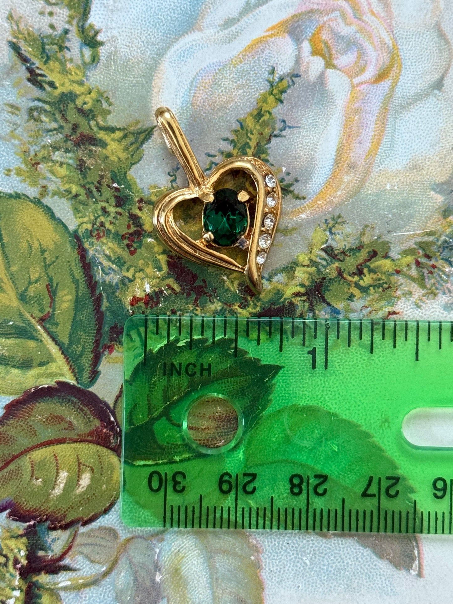 gold tone heart green stone hook pendant