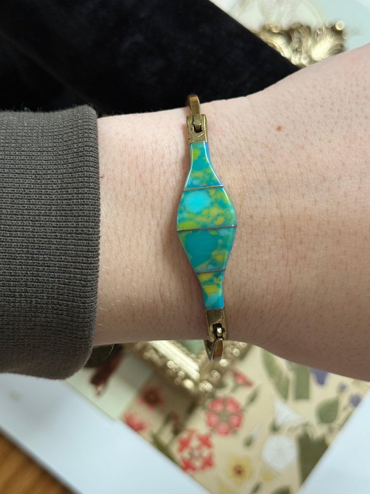 Vintage Gold Tone Taxco Inlay Bracelet