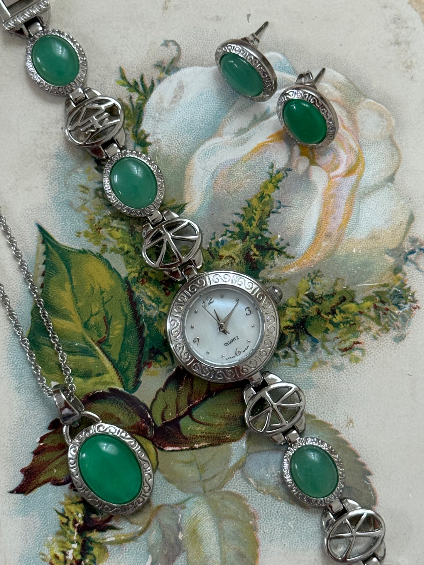 working new old stock silver tone jade watch earring and necklace set