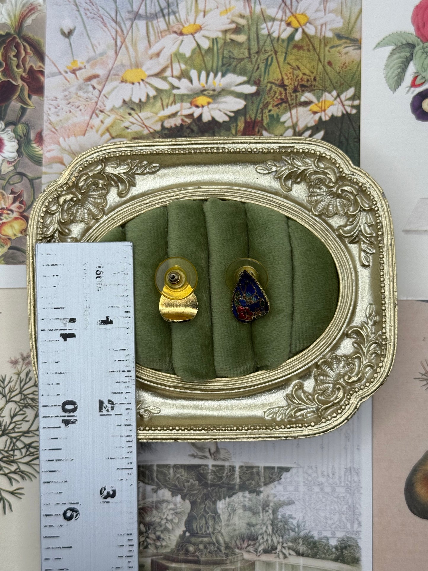 Vintage Gold Tone Cloisonne Stud Earrings