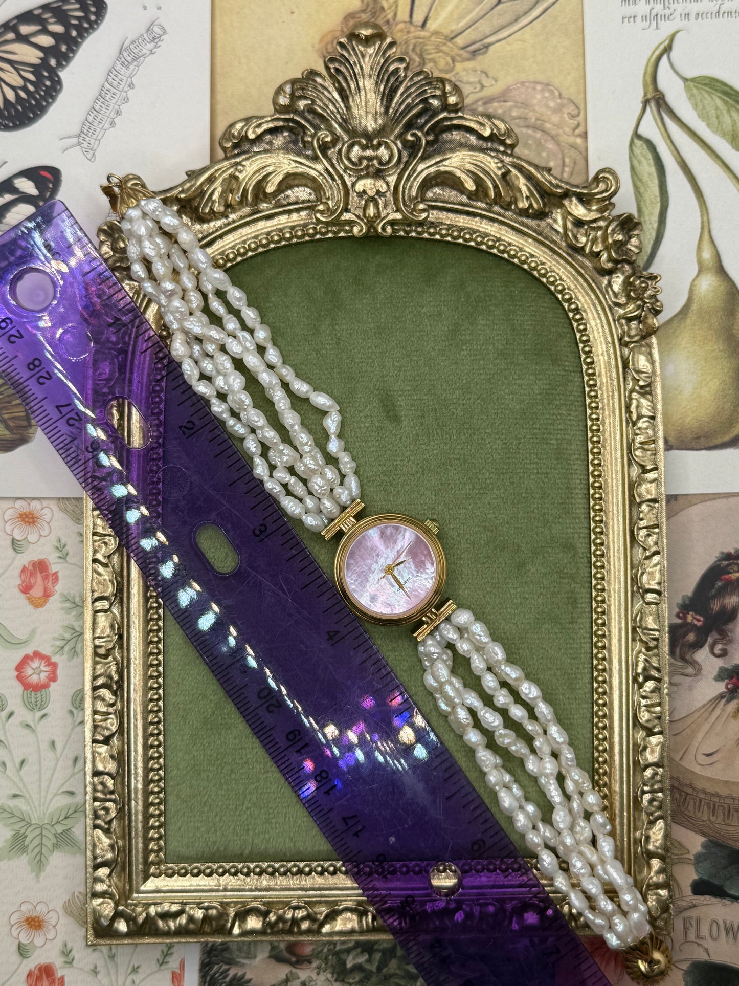 Working Vintage Gold Tone Pink Dial Pearl Watch