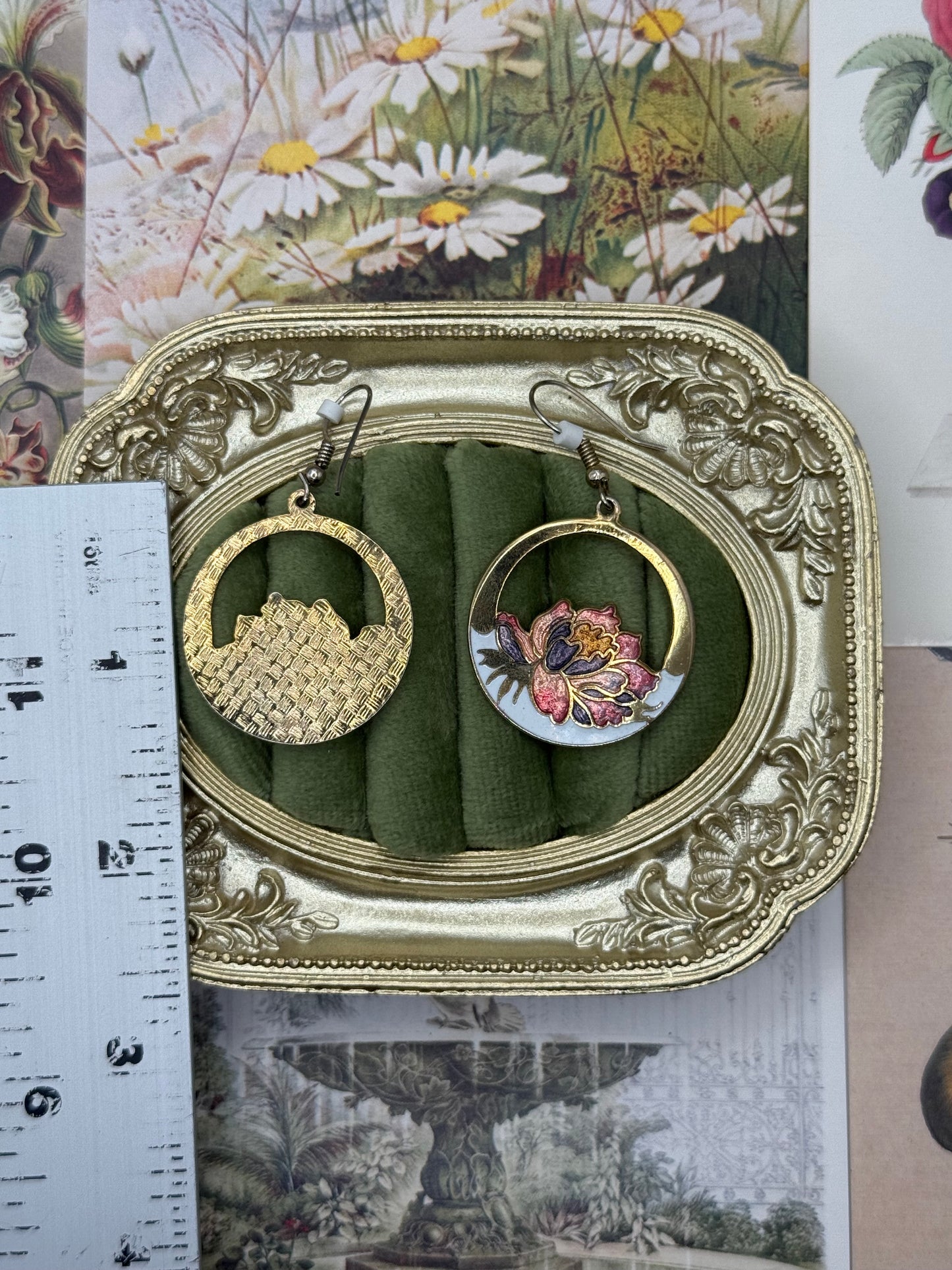 Vintage Gold Tone Cloisonne Floral Earrings