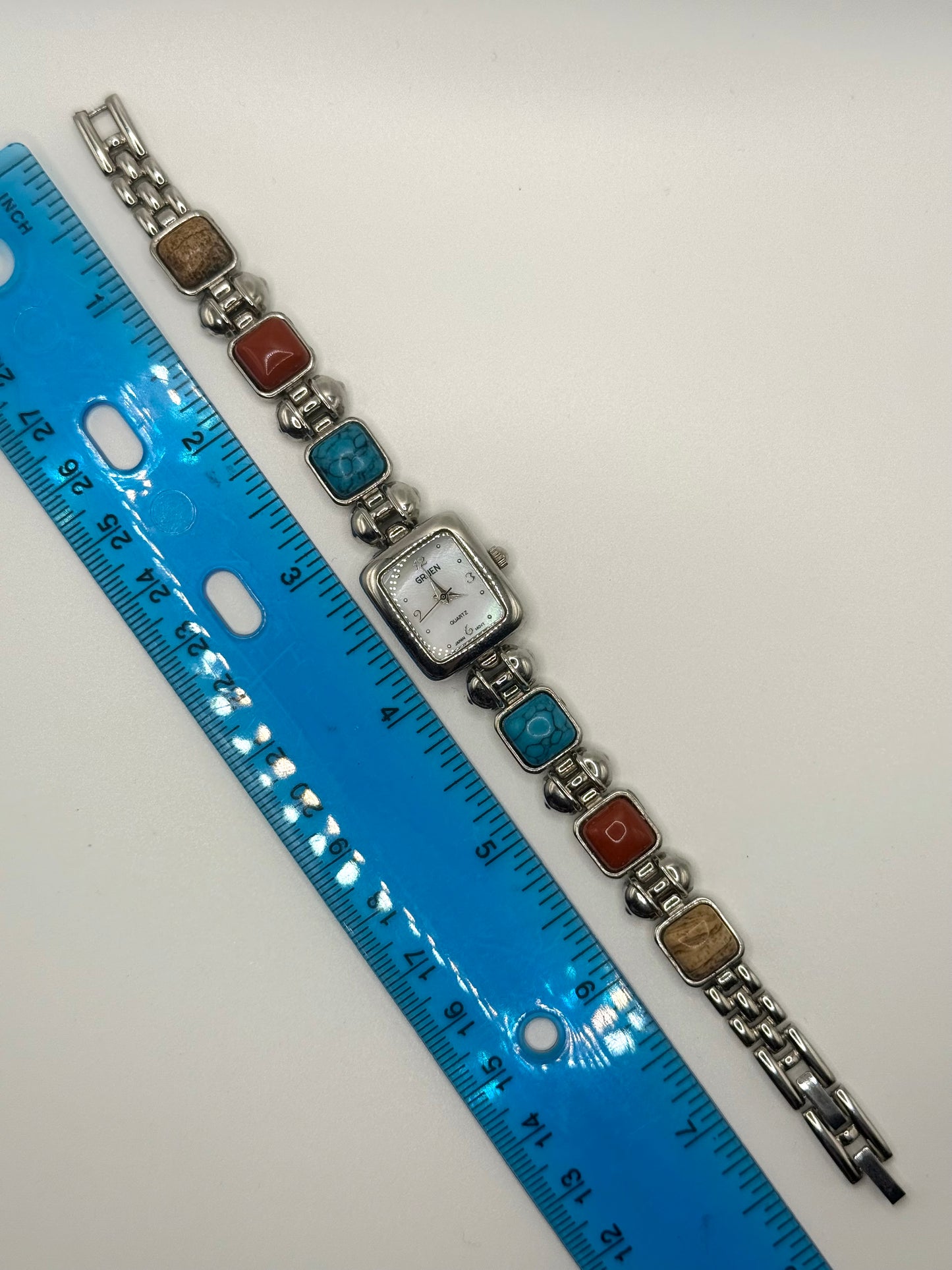 working silver tone scarab gemstone watch