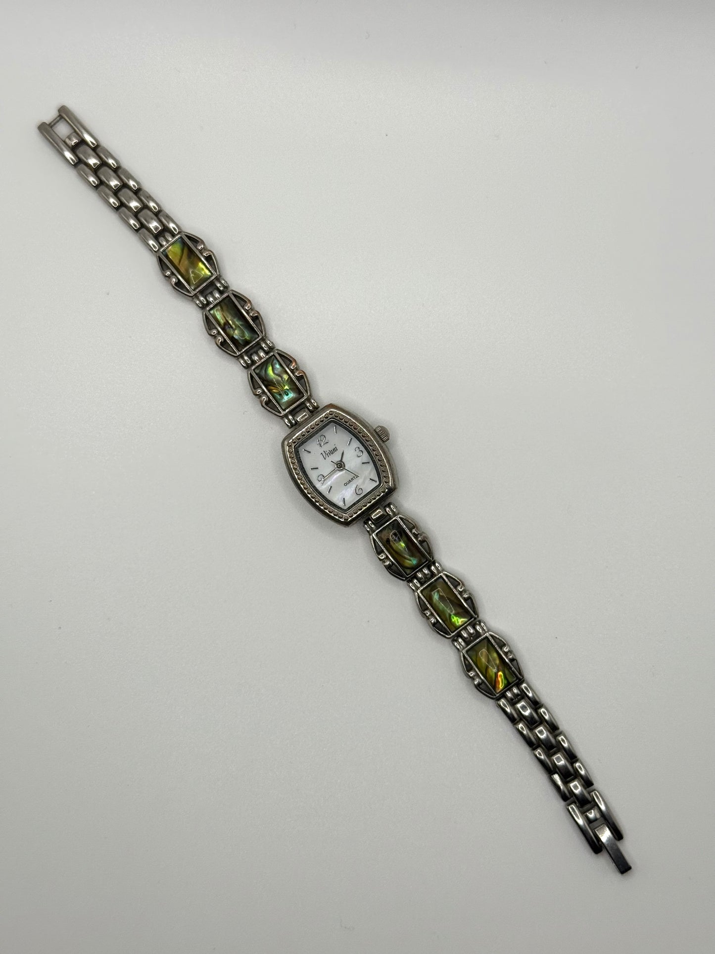 working silver tone abalone gemstone watch