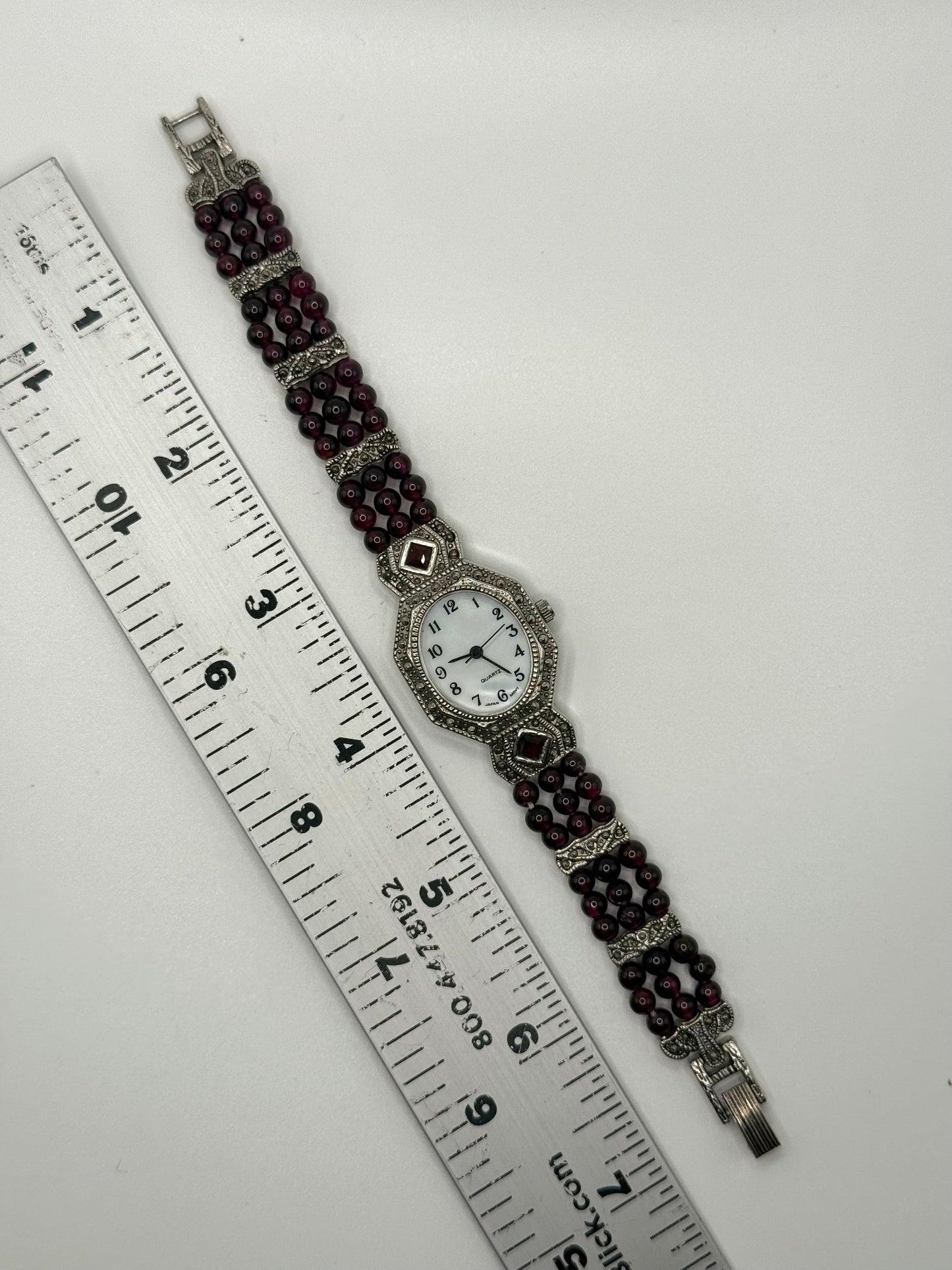 working silver tone garnet beaded watch