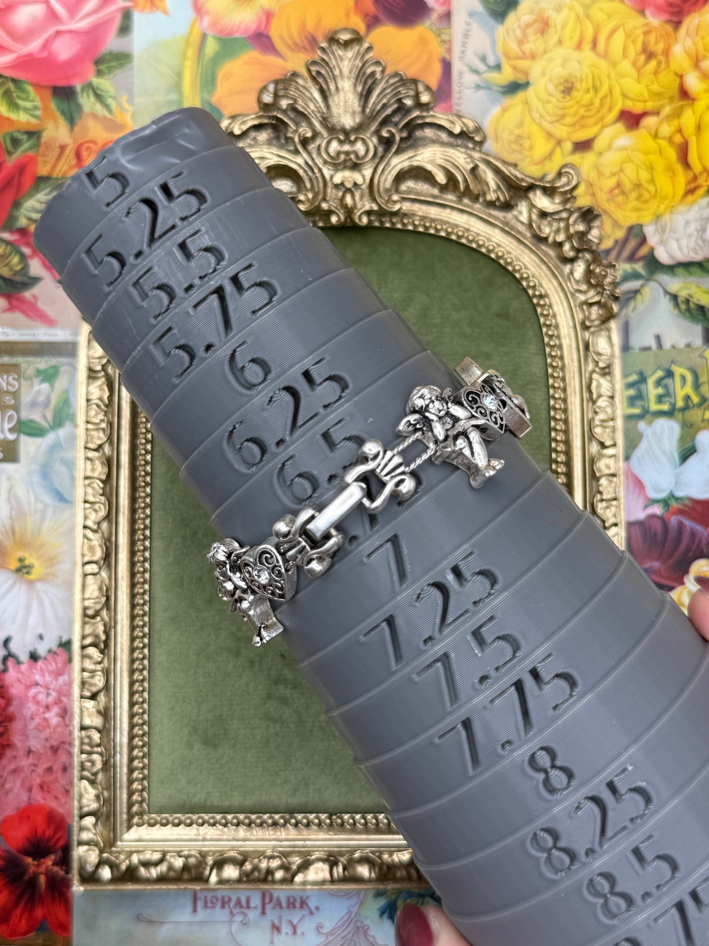 Vintage Silver Tone Celestial Cherub Slide Charm Bracelet 6.75”