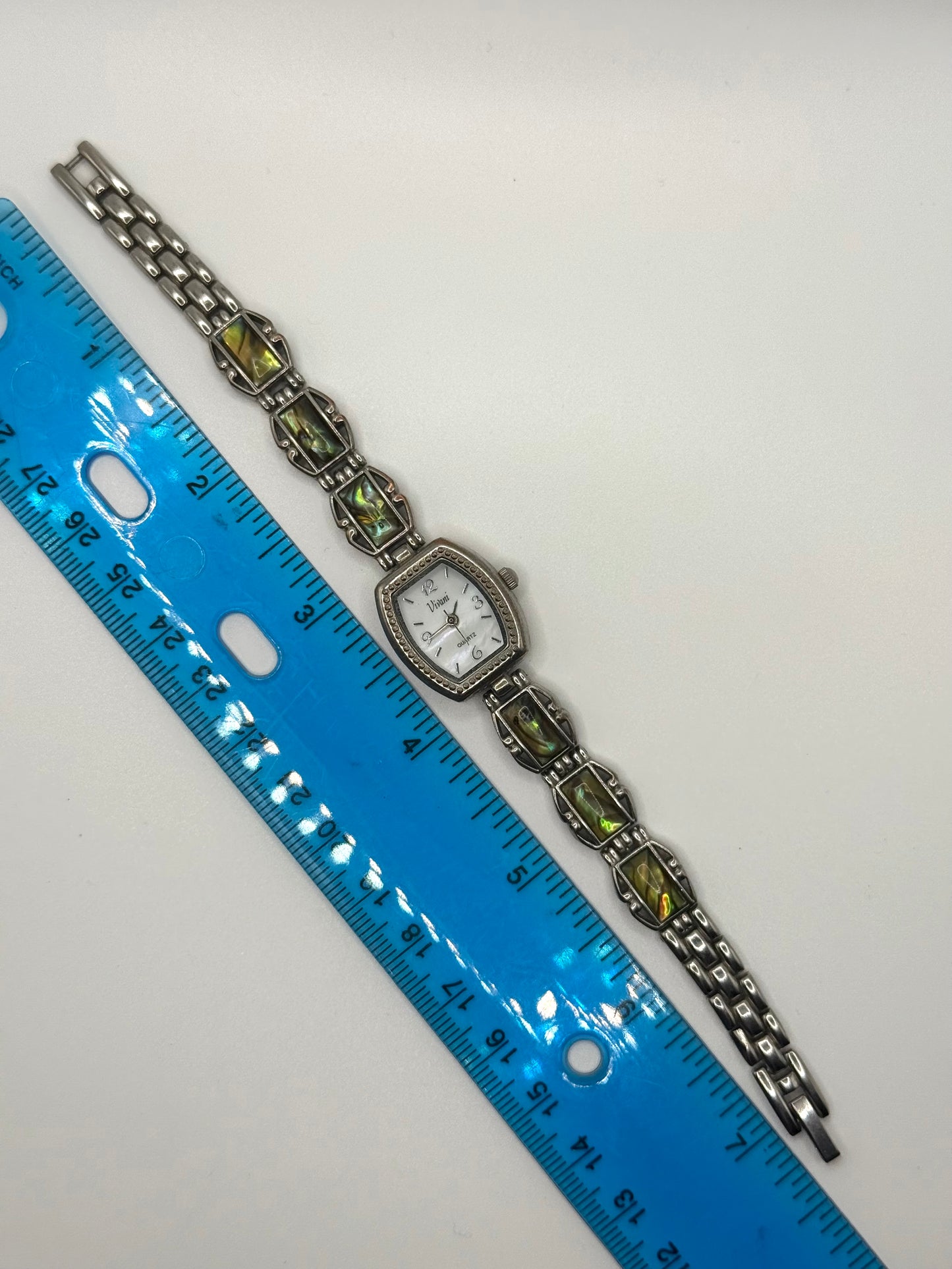 working silver tone abalone gemstone watch