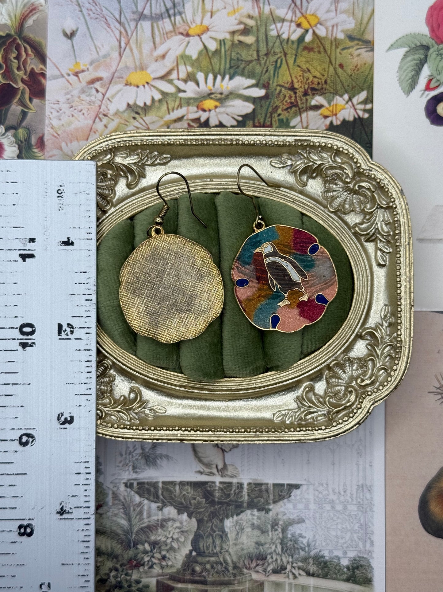 Vintage Gold Tone Cloisonne Penguin Earrings