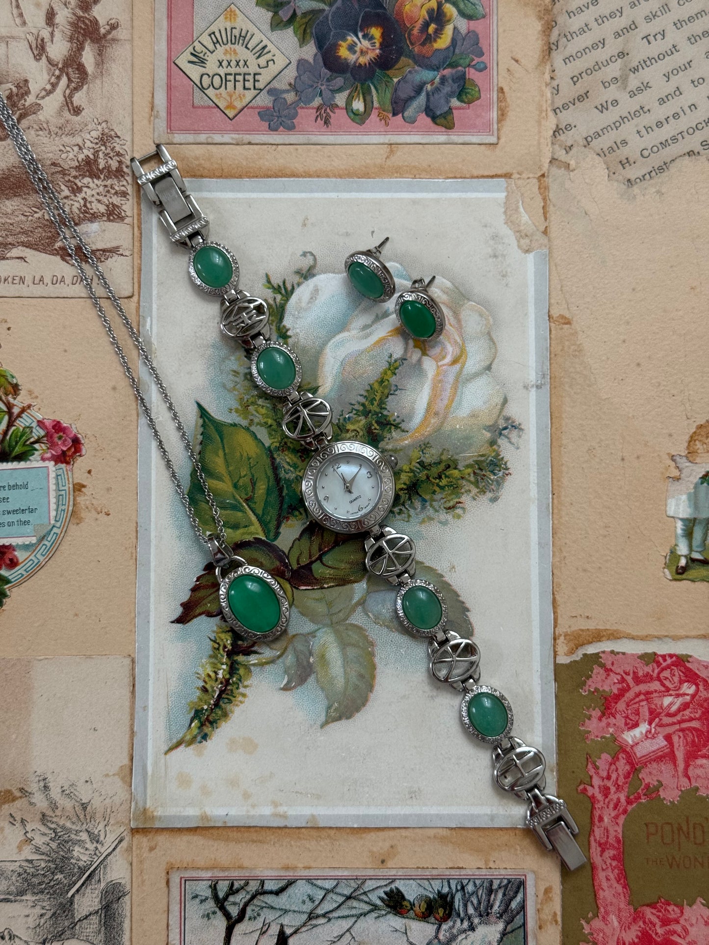 working new old stock silver tone jade watch earring and necklace set