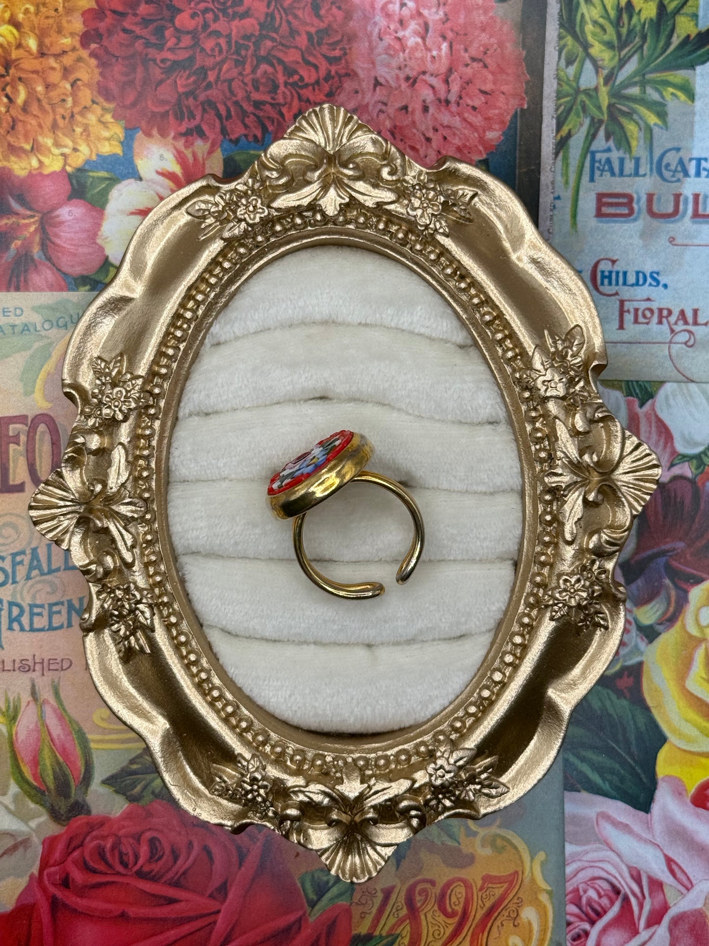 Vintage Gold Tone Italian Micro Mosaic Ring Size 6