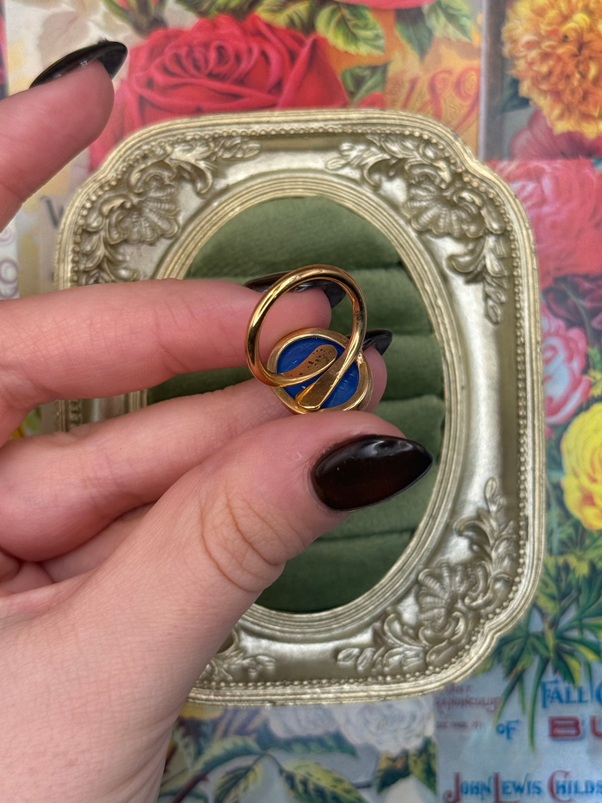Vintage Gold Tone Blue Scarab Ring Size 5.75