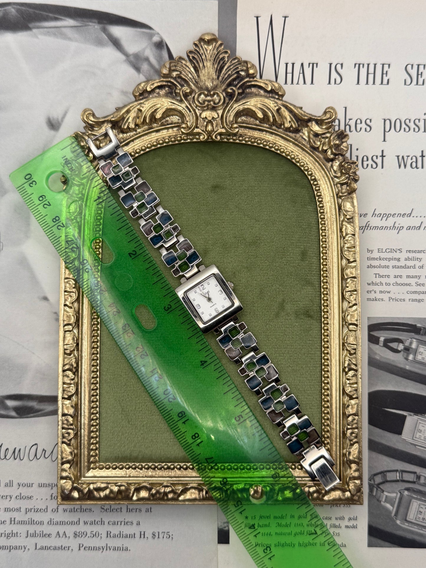 Working Vintage Silver Tone Stained Glass Style Watch