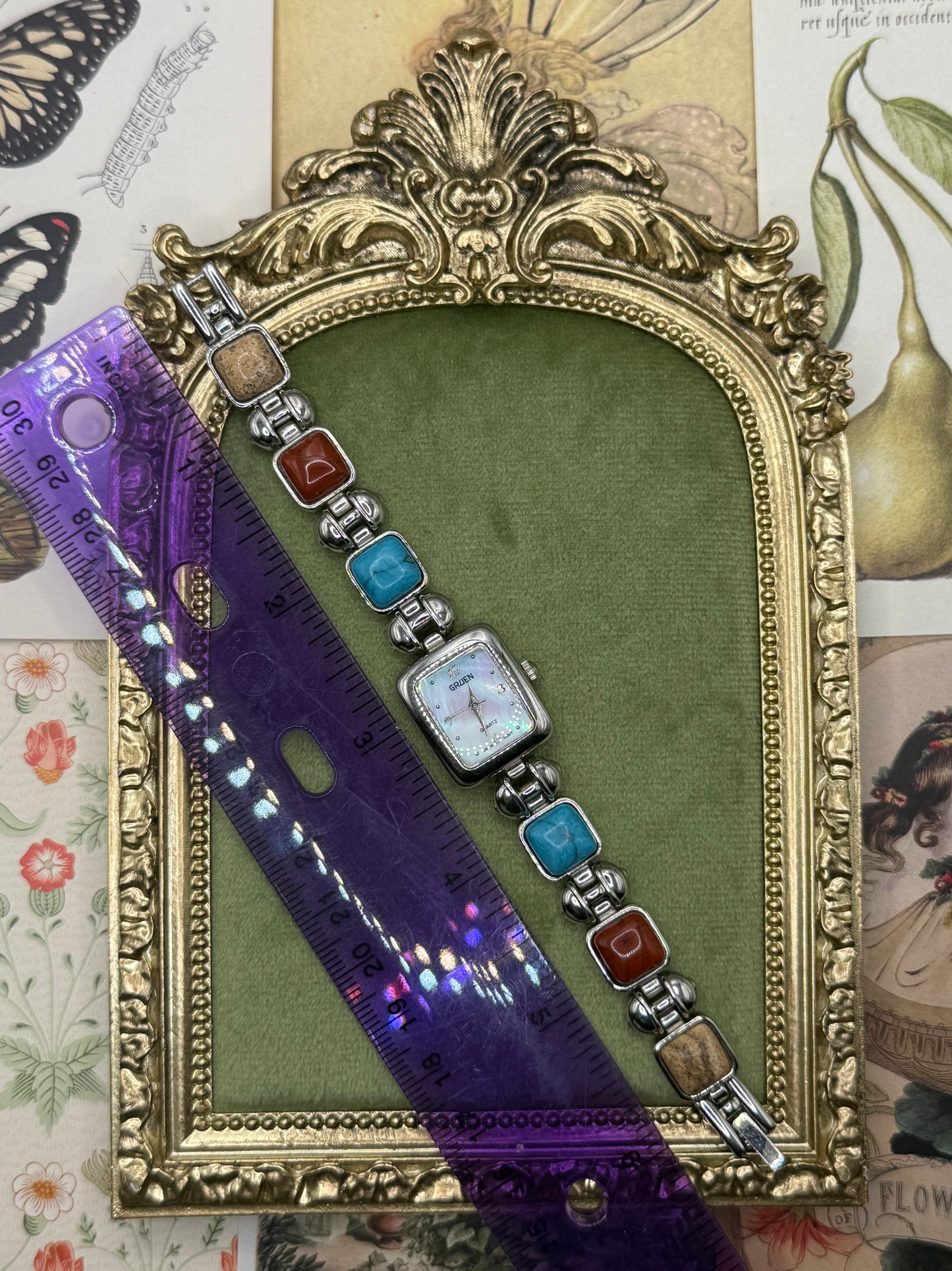 Working Vintage Silver Tone Egyptian Style Gemstone Watch