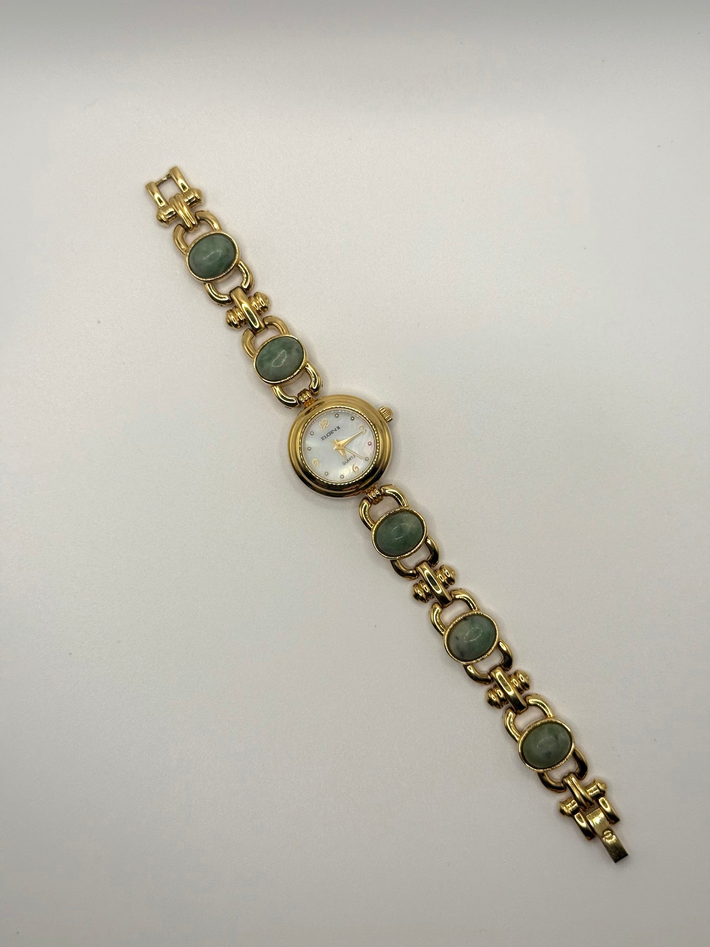 working gold tone green jade gemstone watch