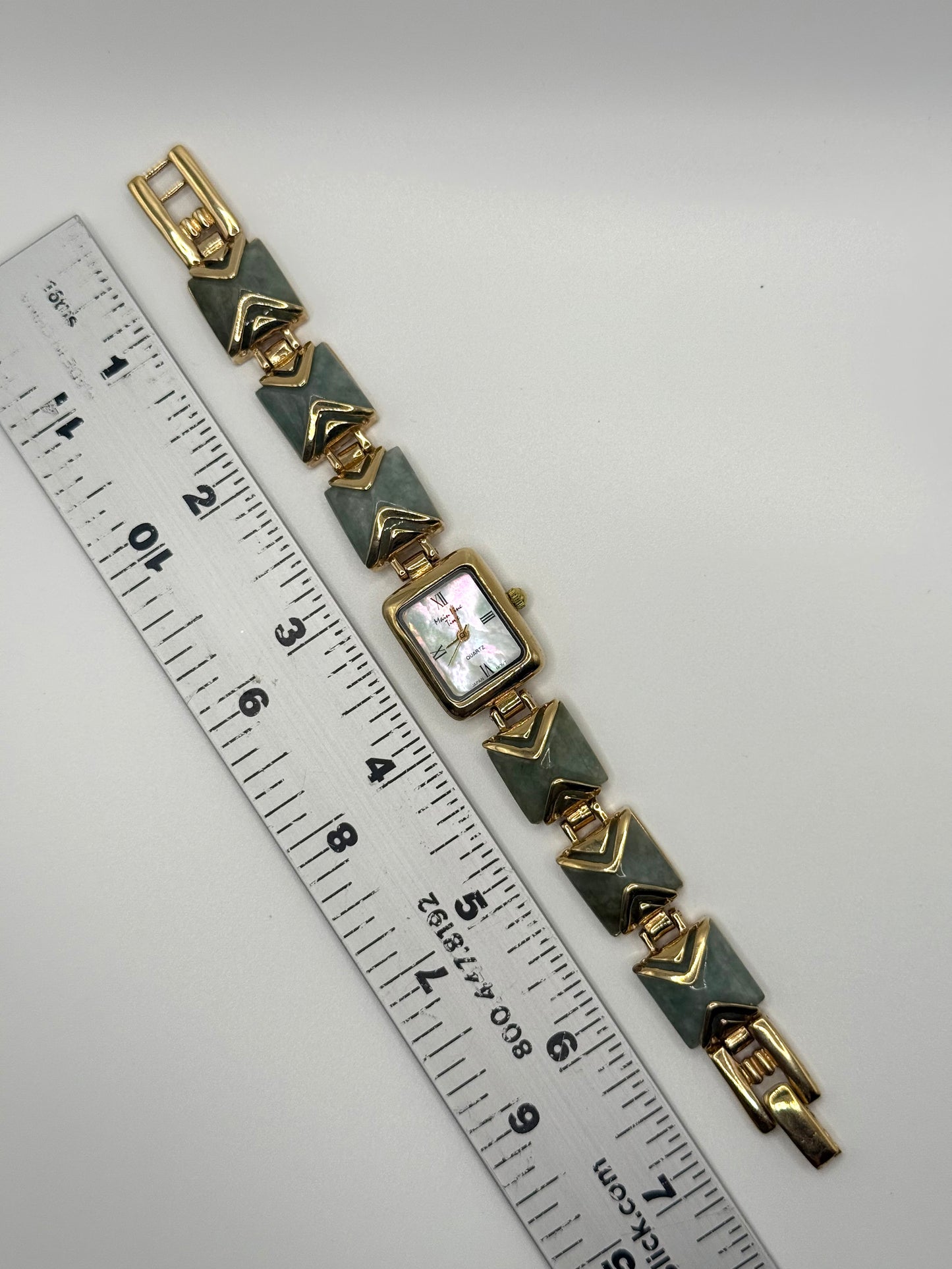 working gold tone green jade gemstone watch
