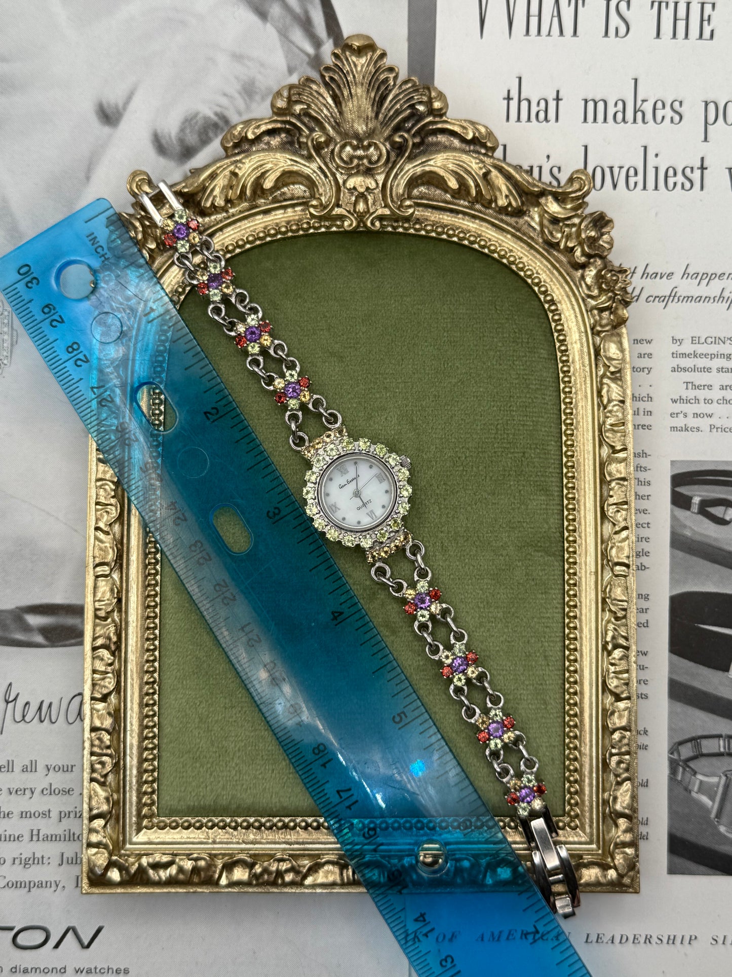 Working Vintage Silver Tone Floral Gemstone Watch