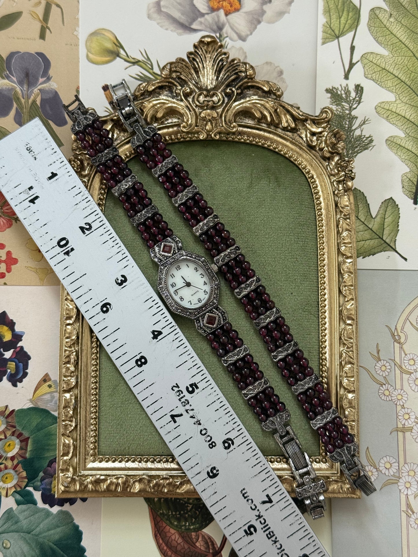 Working Vintage Silver Tone Garnet Beaded Watch and Bracelet Set