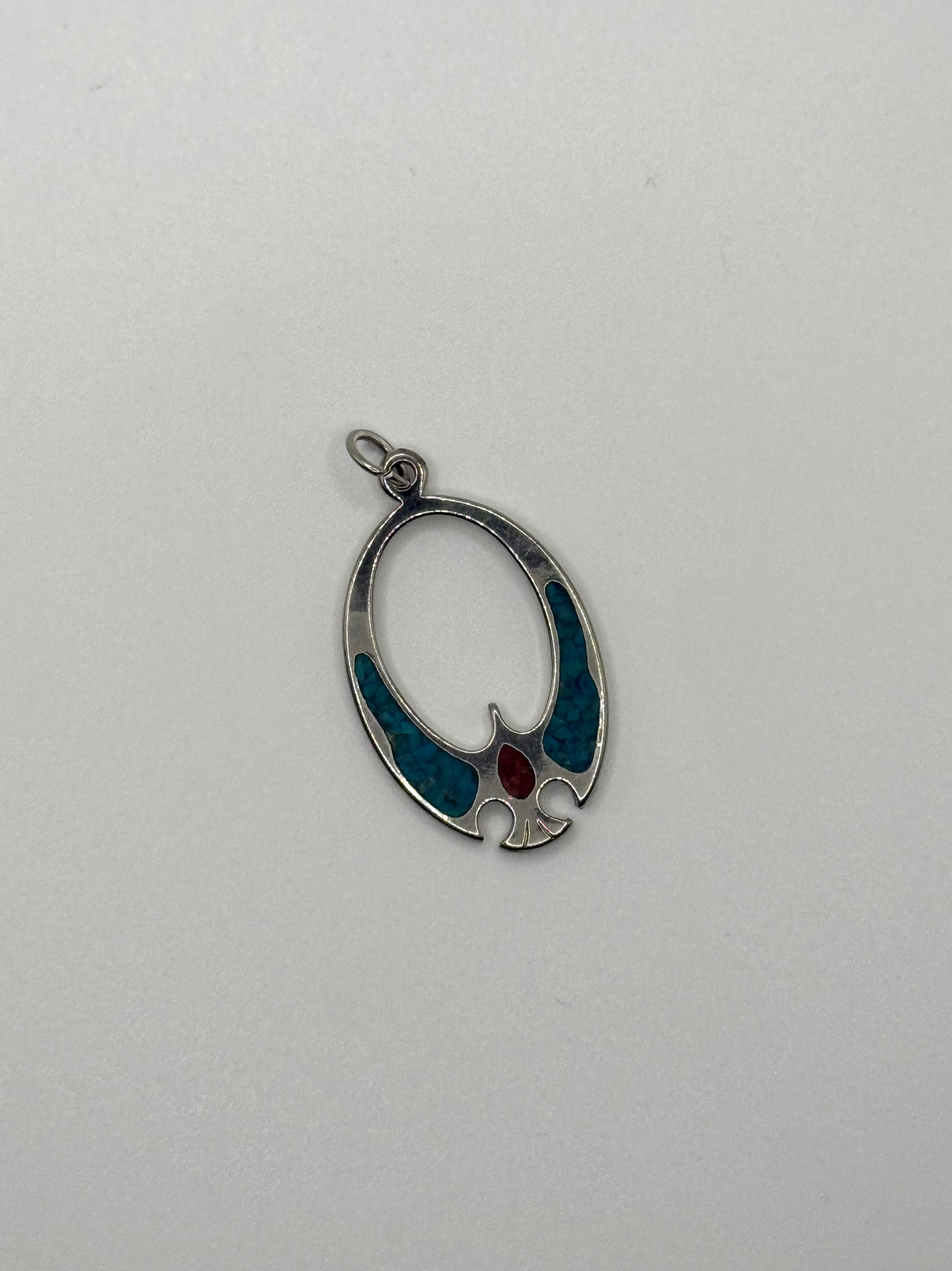 silver tone crushed turquoise and coral pendant