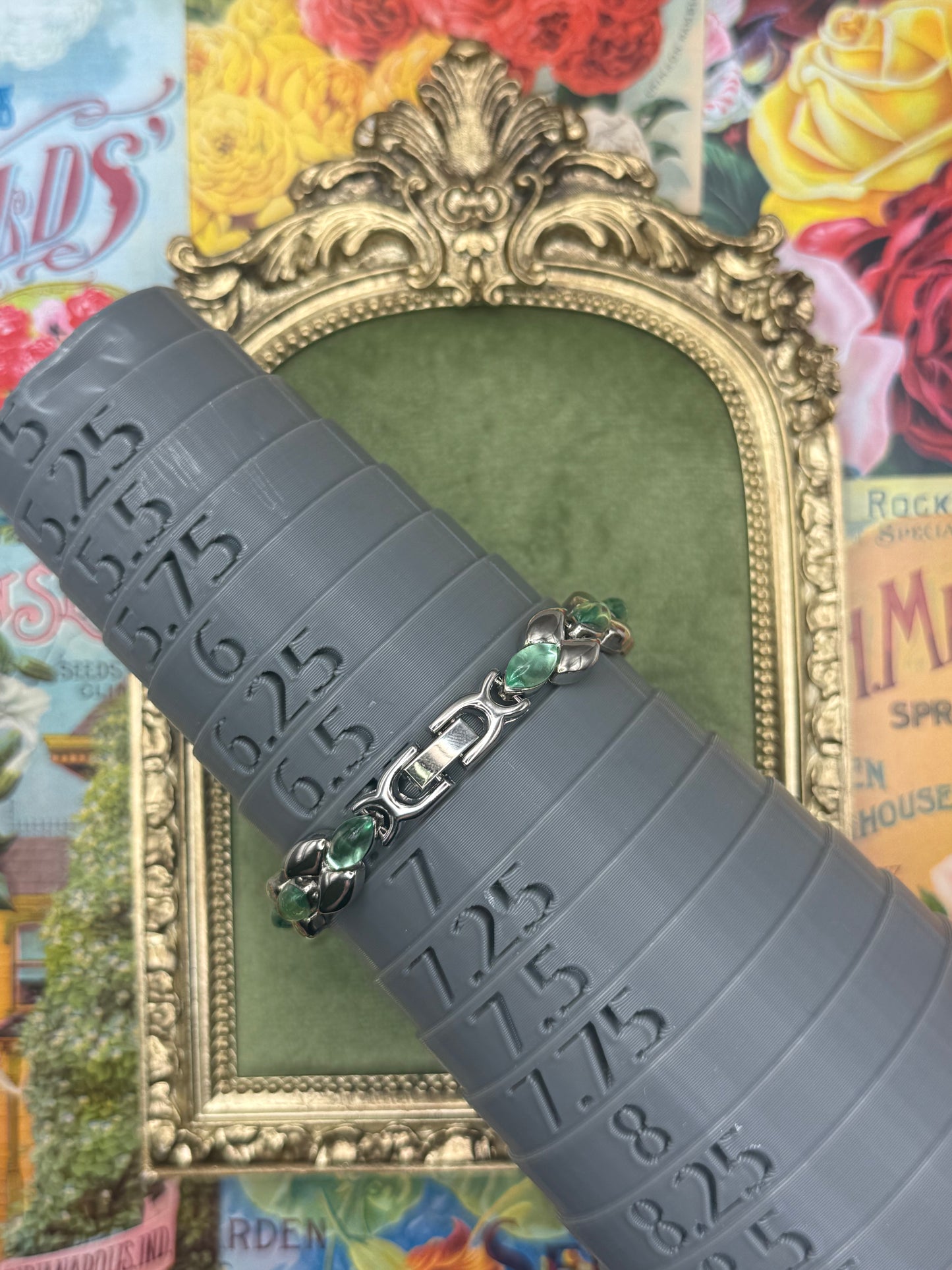 Working Vintage Silver Tone Green Accent Watch 6.75”