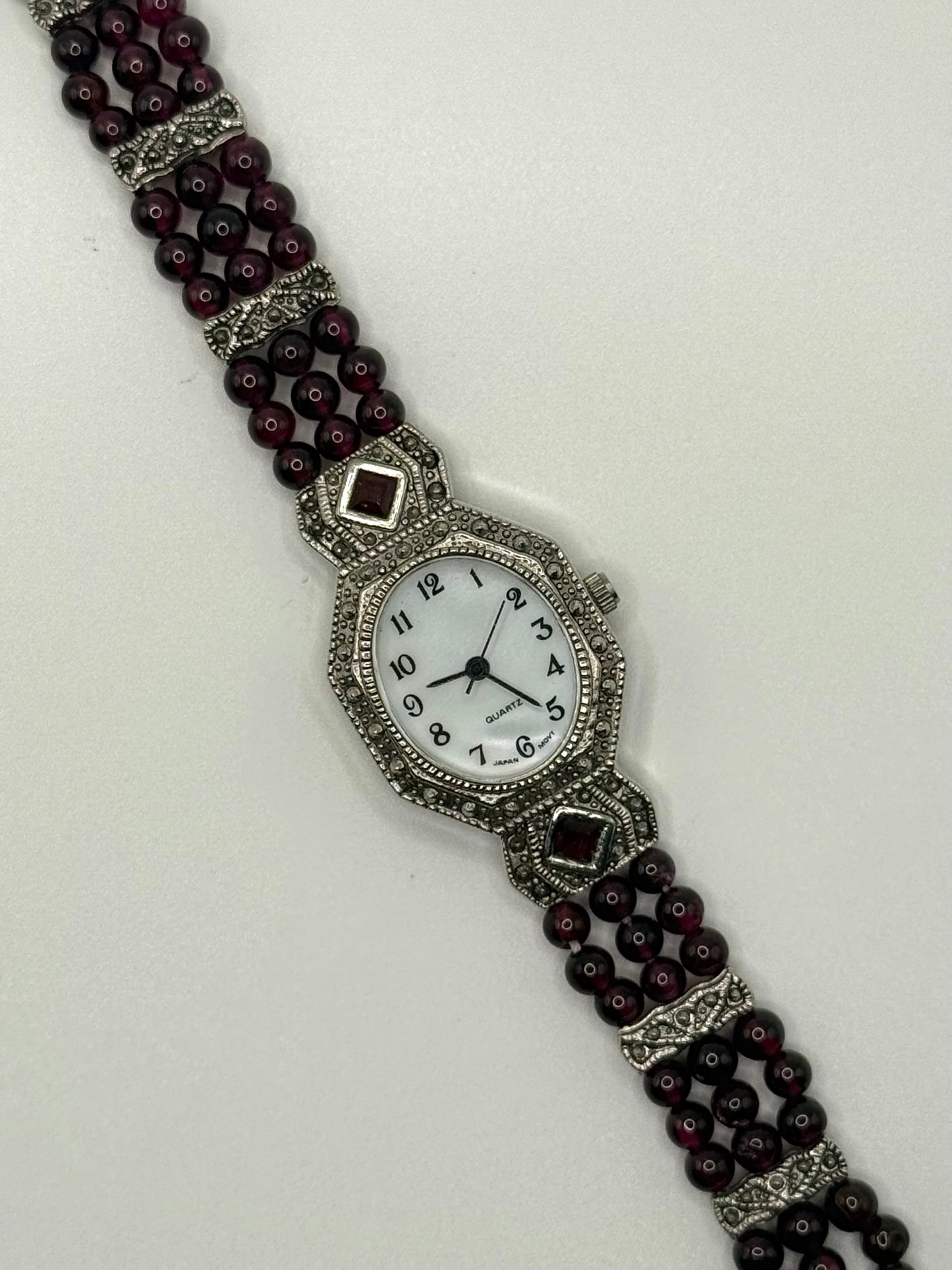 working silver tone garnet beaded watch