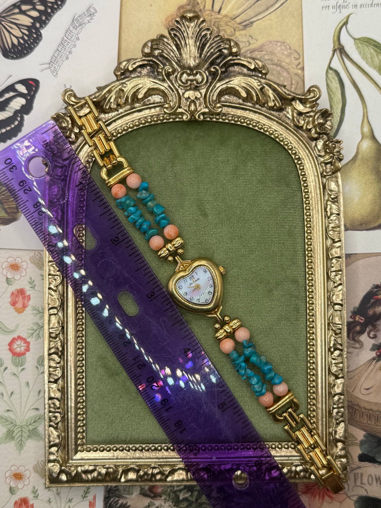 Working Vintage Gold Tone Beaded Heart Watch