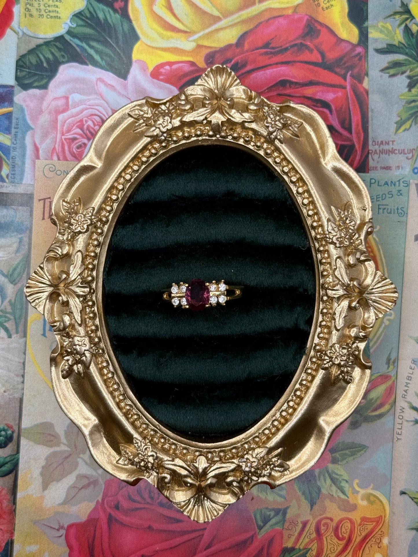 Vintage Gold Tone Purple Stone Ring Size 9