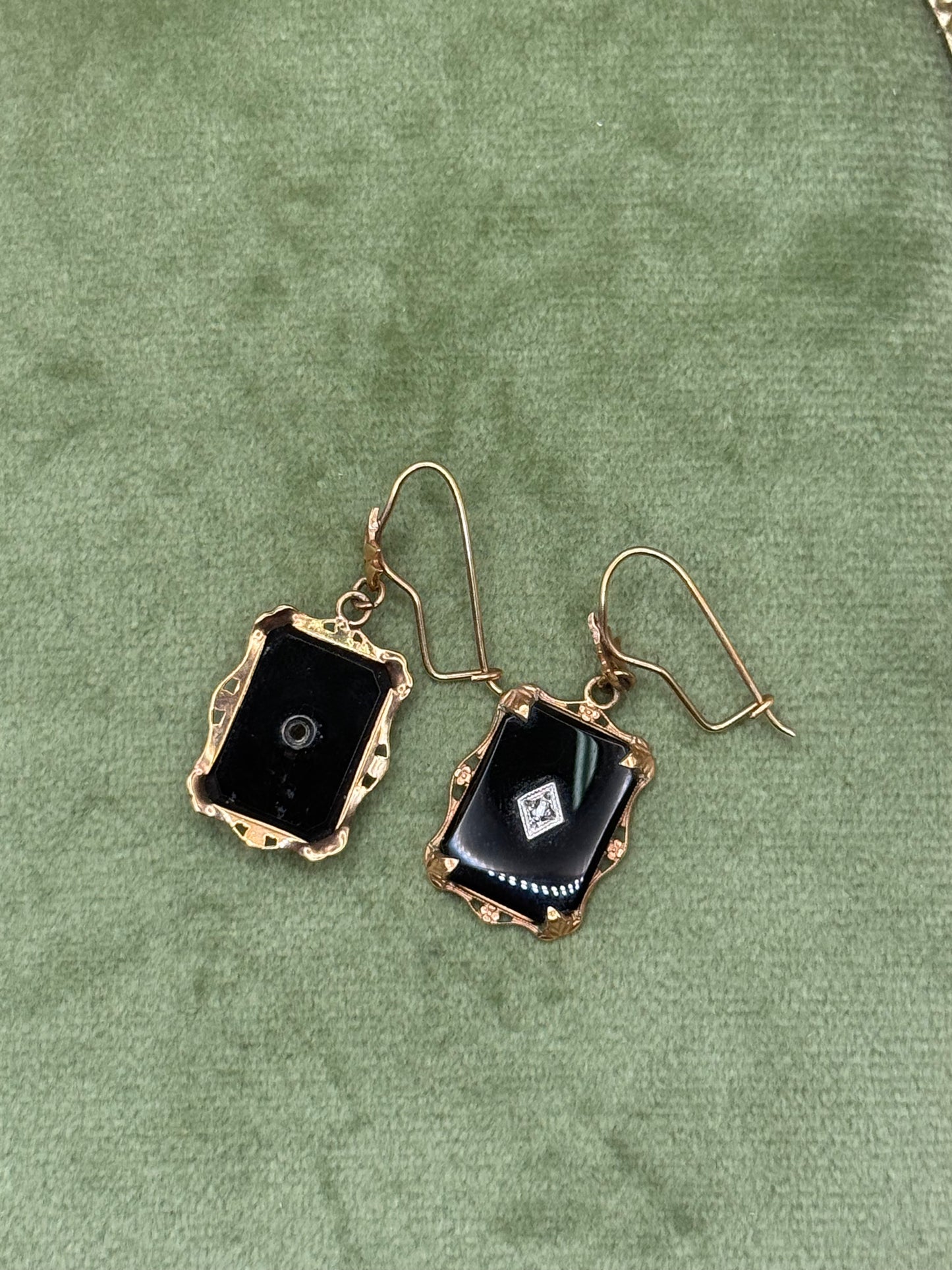 10k Solid Gold Onyx Victorian Revival Earrings