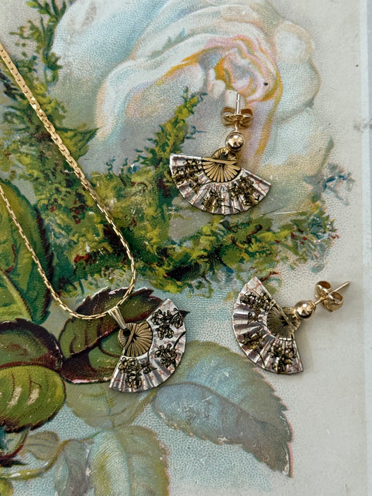 damascene two tone fan necklace and earrings set