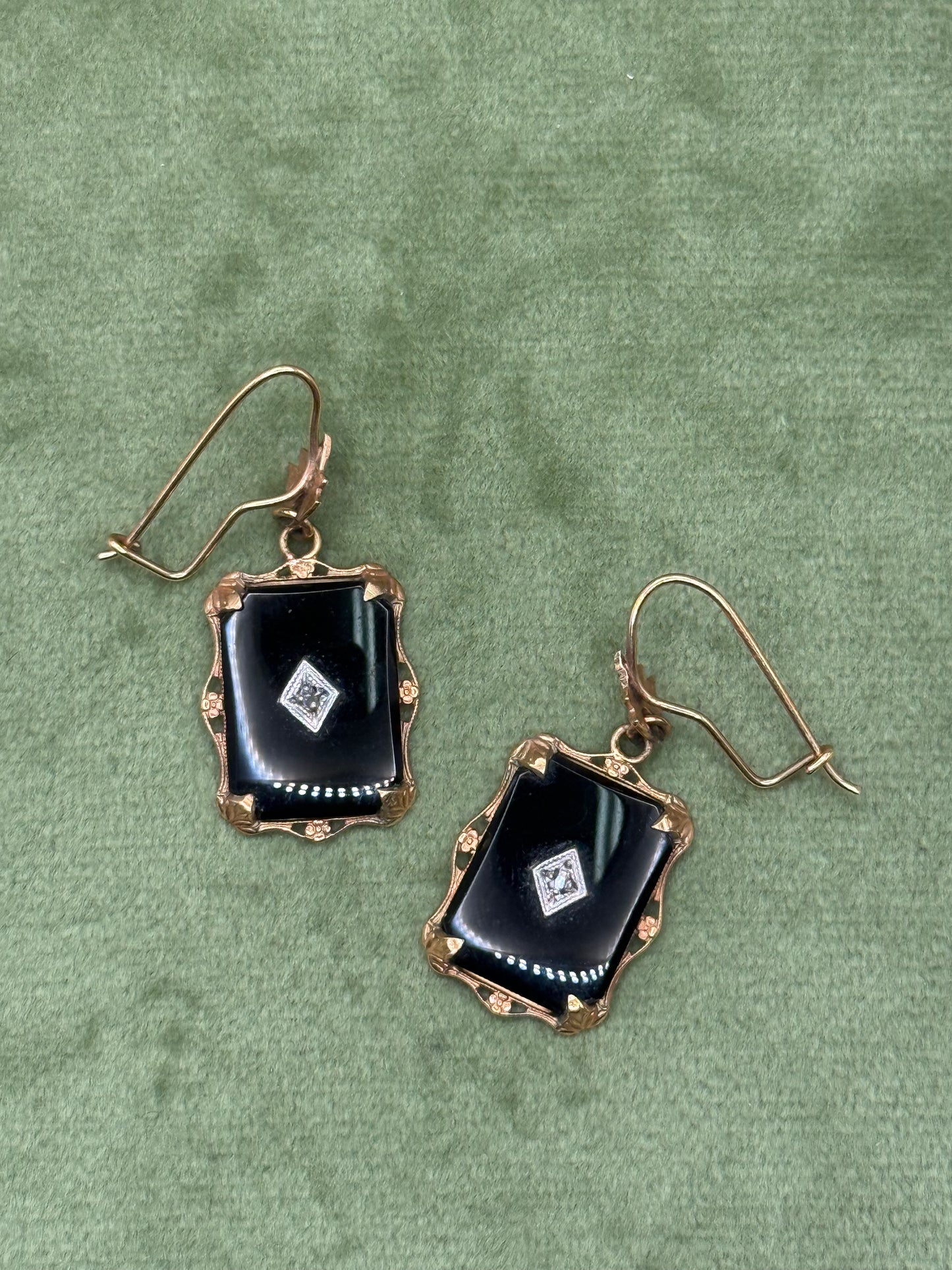 10k Solid Gold Onyx Victorian Revival Earrings