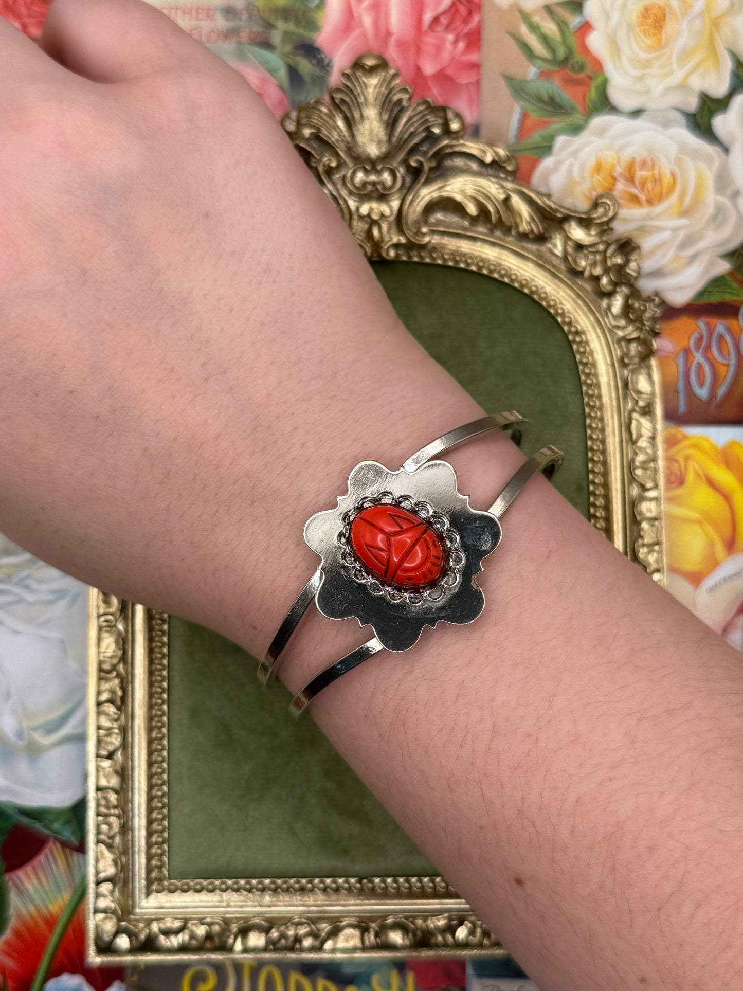 Vintage Silver Tone Hinge Scarab Bracelet