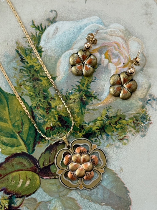 damascene gold tone floral necklace and earrings set