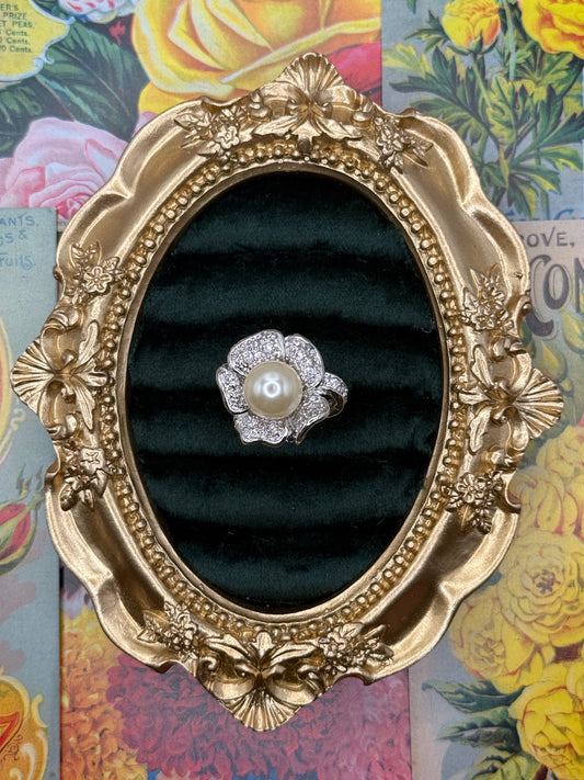 Vintage Silver Tone Floral Pearl Ring Size 10
