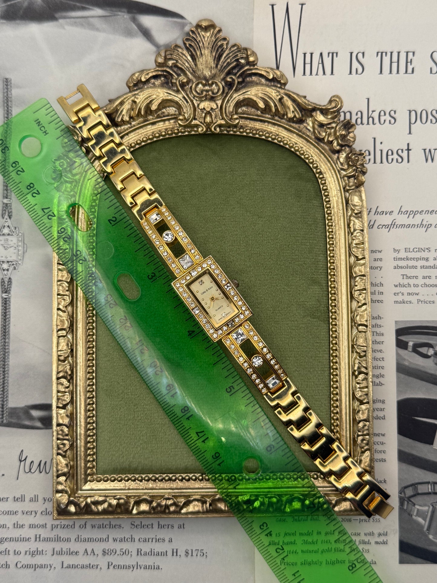 Working Vintage Gold Tone Rhinestoned Watch