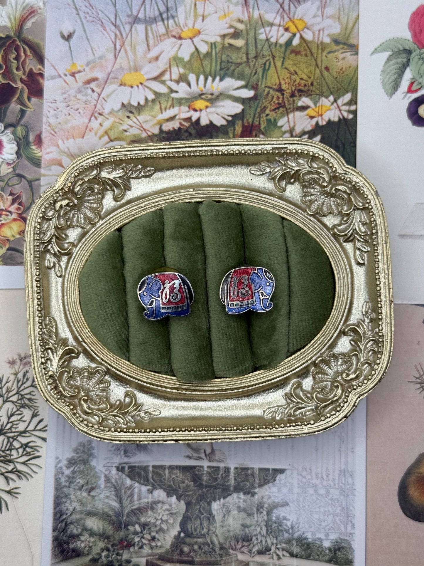 Vintage Gold Tone Cloisonne Enamel Stud Earrings