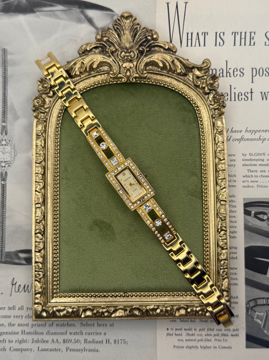 Working Vintage Gold Tone Rhinestoned Watch
